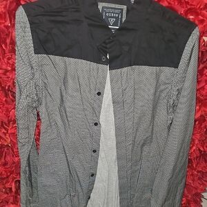 GUESS Men's Black and Gray Checkered Two Tone Shirt Size Medium
